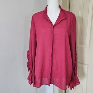 NEW Zara Basic Hot Pink Ruffle Sleeve Buttondown Shirt Medium